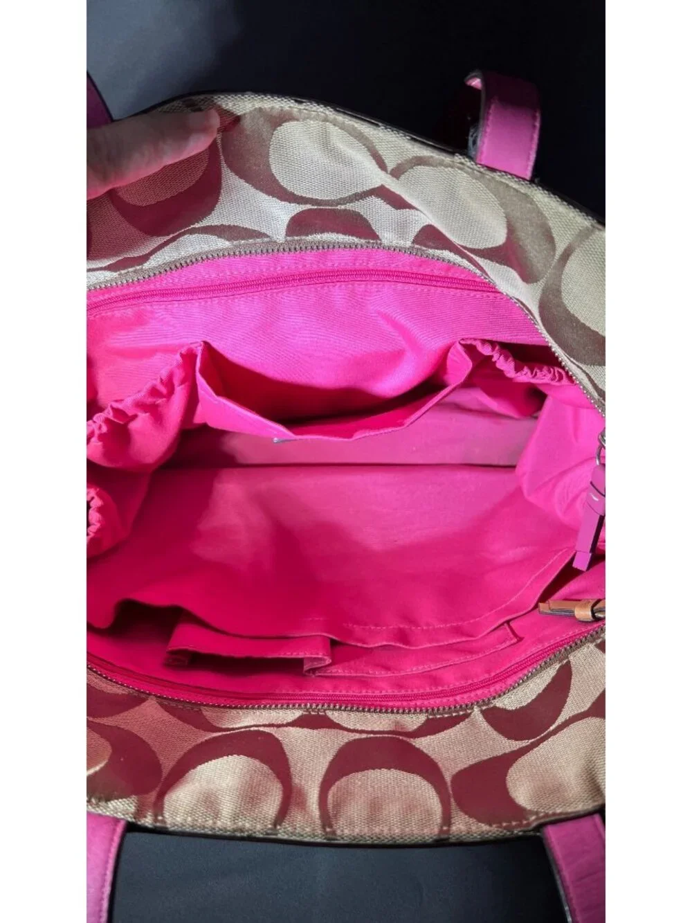 Coach Signature Stripe Diaper/Tote Bag With Pink Trim - Stylish & Functional Bro